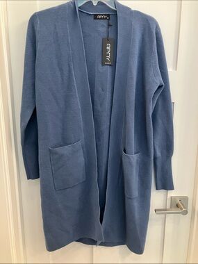 APNY long cardigan medium blue sweater with buttons down the back